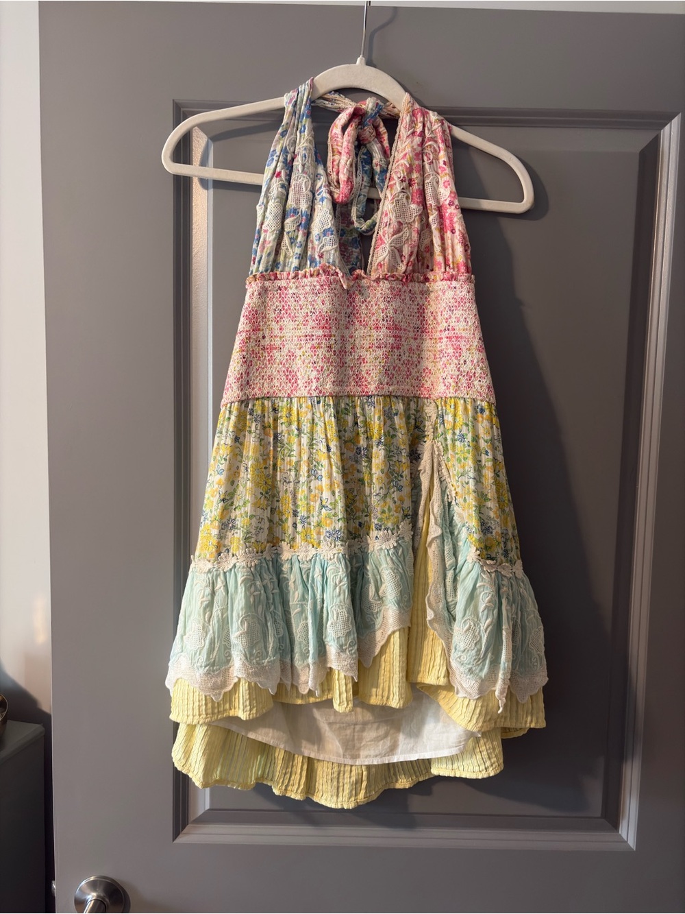 LoveShackFancy Girls' Tiered Halter Dress in Pastel Yellow, Pink & Blue